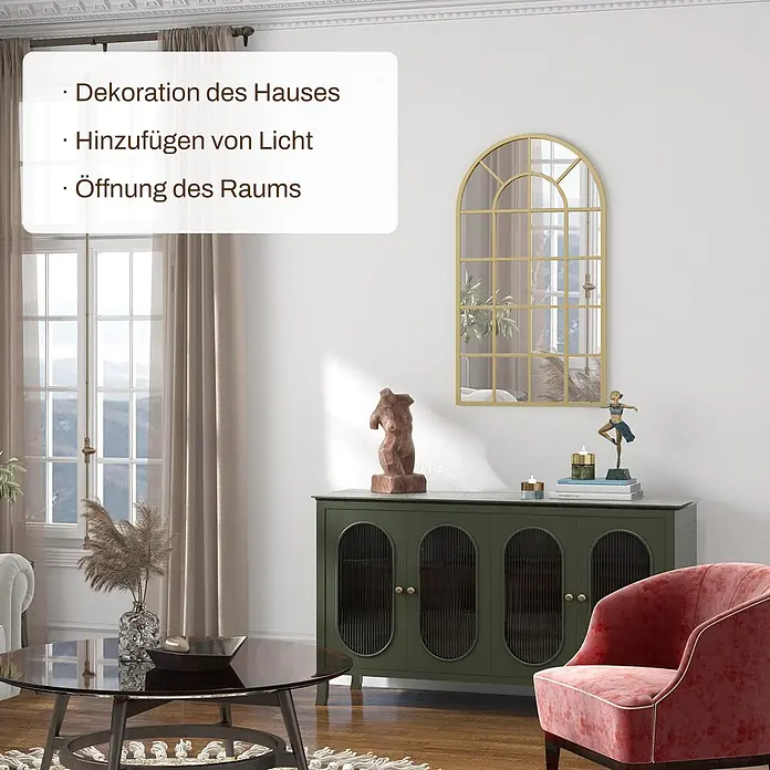 Homcom Wandspiegel - 2,5 x 110 cm, Gold - Ein Wohnzimmer mit einem grünen Schrank, einem roten Sessel und einem goldenen Bogenfensterspiegel, der Hausdekoration zeigt.