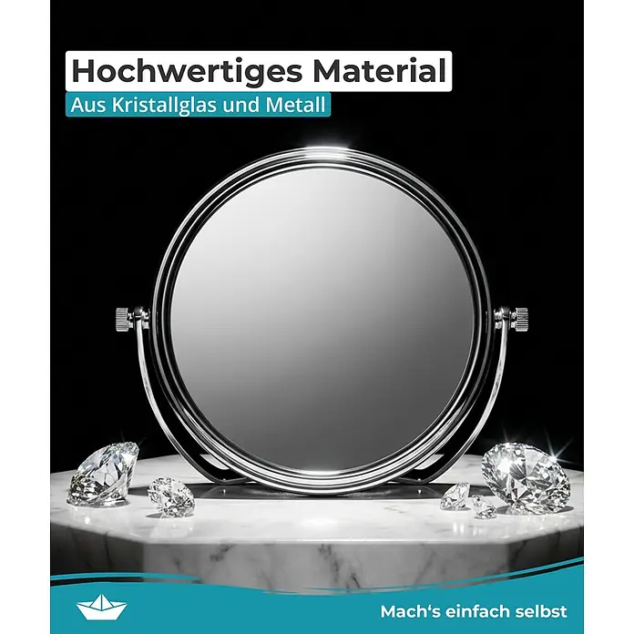 Calmwaters Kosmetikspiegel - Durchmesser: 13,9 cm, Rund, Chrom, Vergrößerung 1: 500 % - Runder Vergrößerungsspiegel aus Kristallglas und Metall auf einer Marmorplatte, umgeben von funkelnden Diamanten.