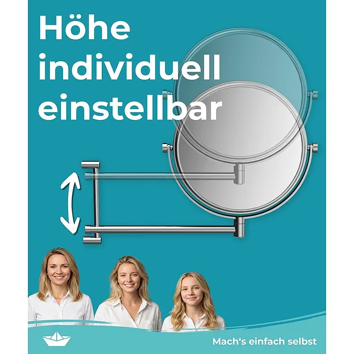 Calmwaters Kosmetikspiegel - Durchmesser: 20,1 cm, Rund, Chrom, Vergrößerung 1: 300 % - Verstellbarer Chrom-Wandspiegel, höhenanpassbar für Personen unterschiedlicher Größe, von Erwachsenen bis Kindern.