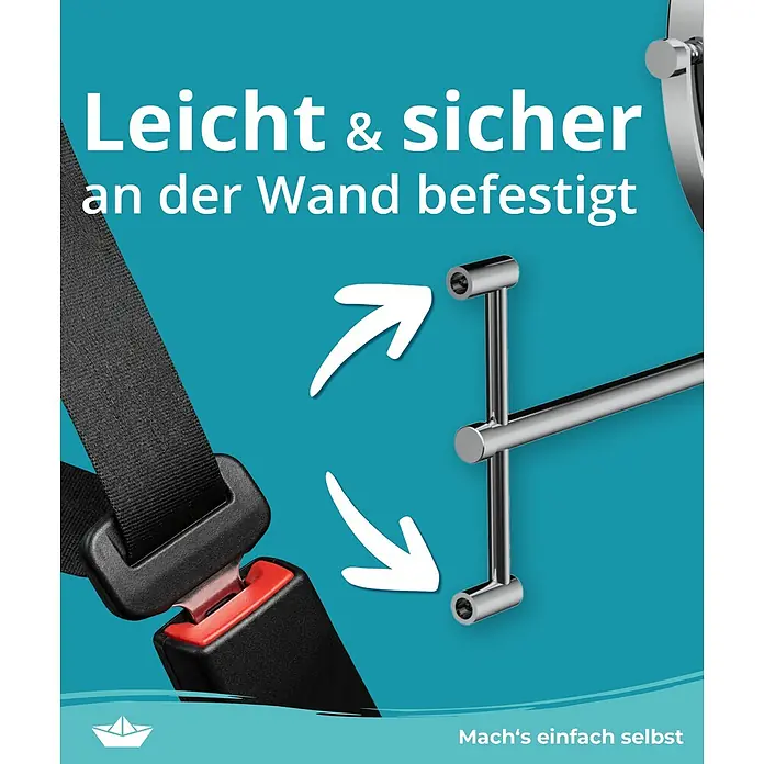 Calmwaters Kosmetikspiegel - Durchmesser: 20,1 cm, Rund, Chrom, Vergrößerung 1: 300 % - Verchromte T-Stangen-Wandhalterung mit Anschnallgurt-Schloss und Pfeilen, Betonung auf einfacher und sicherer Befestigung.
