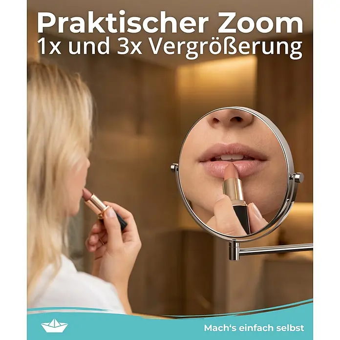 Calmwaters Kosmetikspiegel - Durchmesser: 20,1 cm, Rund, Chrom, Vergrößerung 1: 300 % - Frau trägt Lippenstift mit einem silbernen Schminkspiegel mit 1x und 3x Vergrößerung auf.