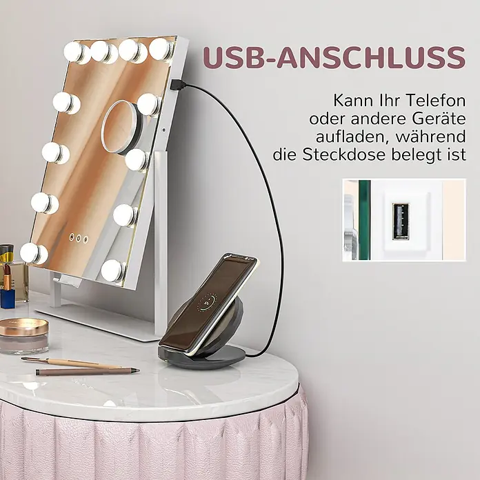 Homcom Kosmetikspiegel LED-Schminkspiegel -  - Weißer Schminkspiegel mit LED-Lichtern und USB-Anschluss, lädt ein Telefon auf einer Kommode.