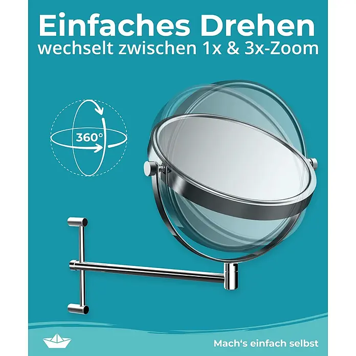 Calmwaters Kosmetikspiegel - Durchmesser: 20,1 cm, Rund, Chrom, Vergrößerung 1: 300 % - Chromfarbener Wand-Kosmetikspiegel mit 360°-Drehung, bietet 1x und 3x Vergrößerung.