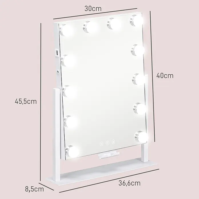 Homcom Kosmetikspiegel LED-Schminkspiegel -  - Weißer Schminkspiegel mit 12 LED-Leuchten, Touchscreen-Steuerung und Standfuß, mit Maßangaben.