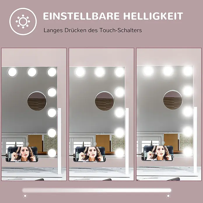 Homcom Kosmetikspiegel LED-Schminkspiegel -  - Schminkspiegel mit hellen, einstellbaren LED-Leuchten und Telefonhalterung, gezeigt bei niedriger, mittlerer und hoher Helligkeit.