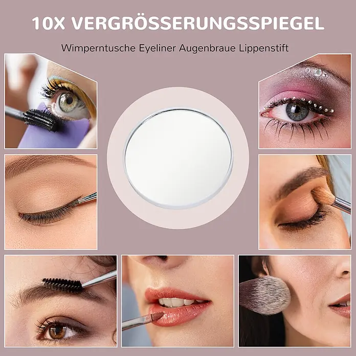 Homcom Kosmetikspiegel LED-Schminkspiegel -  - Runder 10x Vergrößerungsspiegel für präzise Make-up-Anwendung, mit Nahaufnahmen von Augen und Lippen.