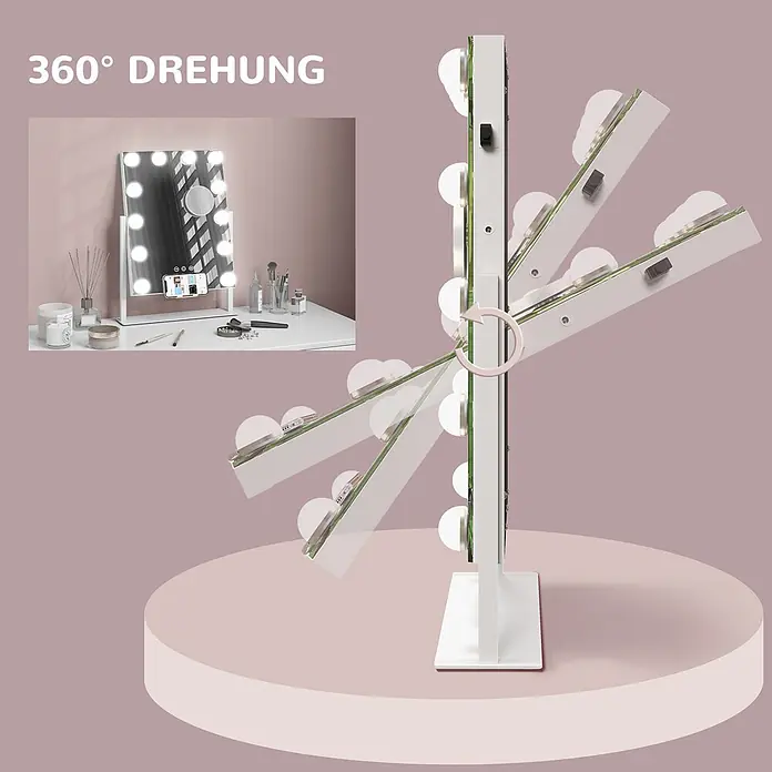 Homcom Kosmetikspiegel LED-Schminkspiegel -  - Weißer LED-Schminkspiegel mit 360-Grad-Drehfunktion.