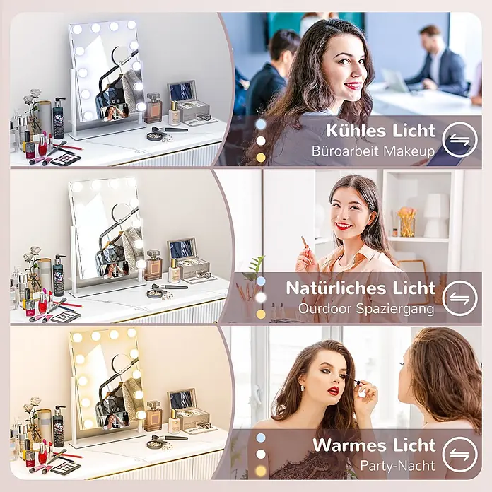 Homcom Kosmetikspiegel LED-Schminkspiegel -  - Weißer Schminkspiegel mit einstellbaren Lichttemperaturen (kühl, natürlich, warm) für verschiedene Make-up-Anwendungen.