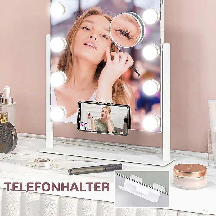 Homcom Kosmetikspiegel LED-Schminkspiegel -  - Weißer Schminkspiegel mit LED-Leuchten und Telefonhalterung, genutzt zum Schminken und für Content Creation.