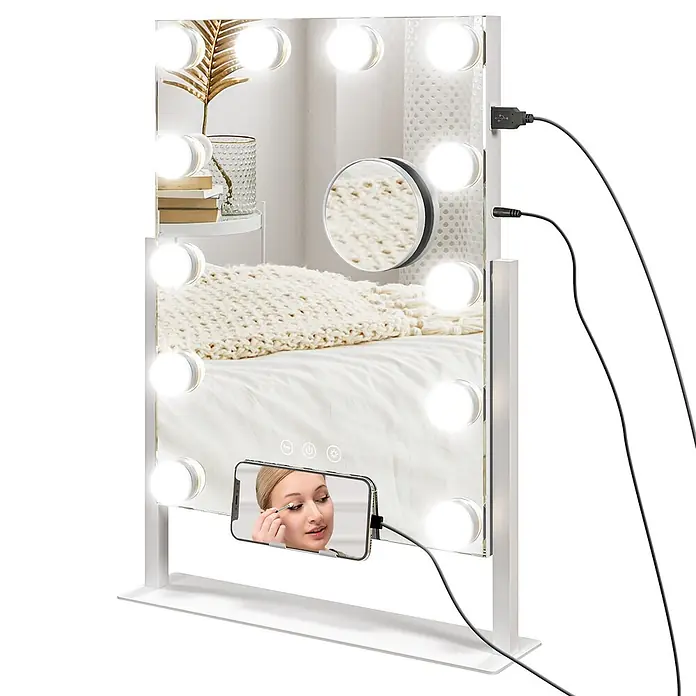 Homcom Kosmetikspiegel LED-Schminkspiegel -  - Weißer Schminkspiegel mit Beleuchtung, USB-Anschluss, Stromeingang. Angebrachtes Handy zeigt Frau beim Schminken. Inkl. kleinem Vergrößerungsspiegel.