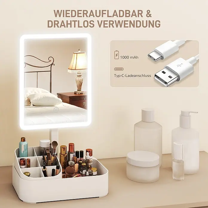 Homcom Kosmetikspiegel LED Schminkspiegel - Weiß - Weißer wiederaufladbarer LED-Schminkspiegel mit integriertem Organizer, 1000mAh Akku und USB-C-Anschluss, auf einem Schminktisch.