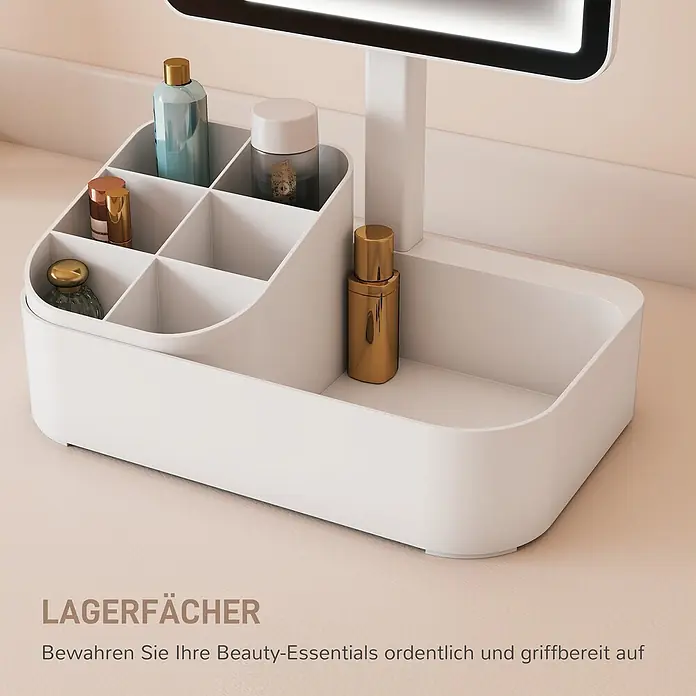 Homcom Kosmetikspiegel LED Schminkspiegel - Weiß - Weißer Organizer mit mehreren Fächern für Beauty-Essentials.