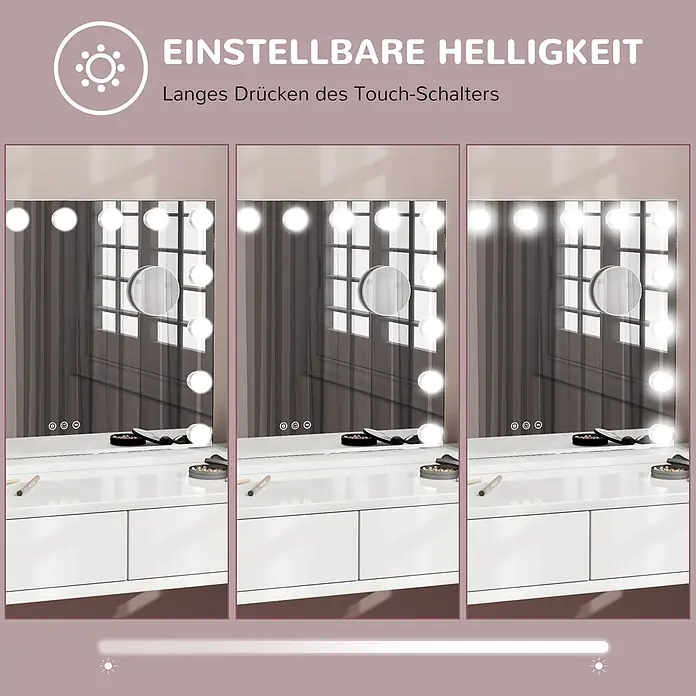 Homcom Kosmetikspiegel LED-Schminkspiegel -  - Schminkspiegel mit beleuchteten Glühbirnen, der drei Helligkeitsstufen von schwach bis hell zeigt.