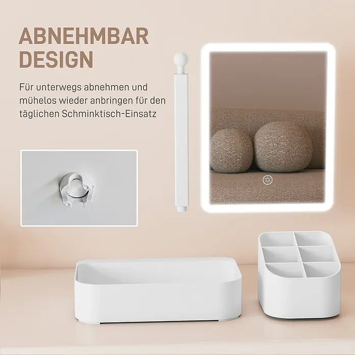 Homcom Kosmetikspiegel LED Schminkspiegel - Weiß - Weißer abnehmbarer beleuchteter Spiegel mit Ständer und passenden Organizern. Ideal für den Schminktisch.