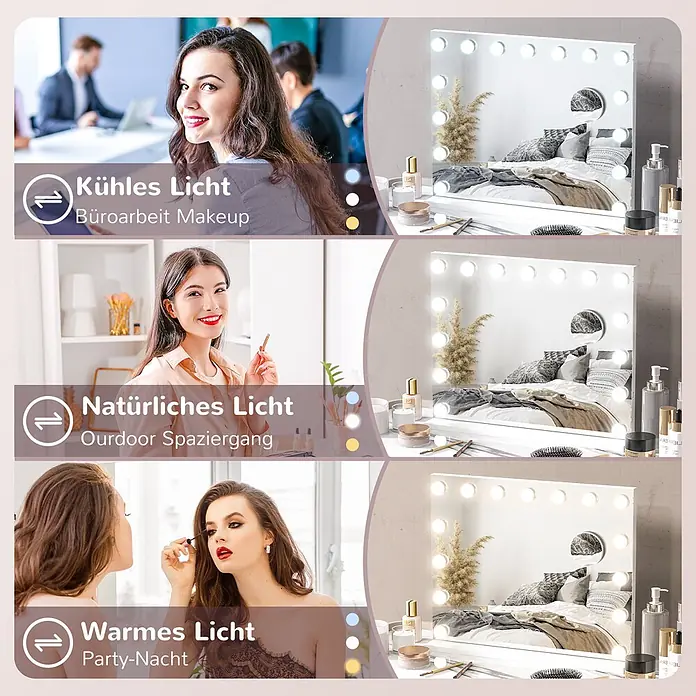 Homcom Kosmetikspiegel LED-Schminkspiegel -  - Ein beleuchteter Schminkspiegel, der kühles, natürliches und warmes Licht für verschiedene Make-up-Anwendungen wie Büro, Outdoor oder Party zeigt.