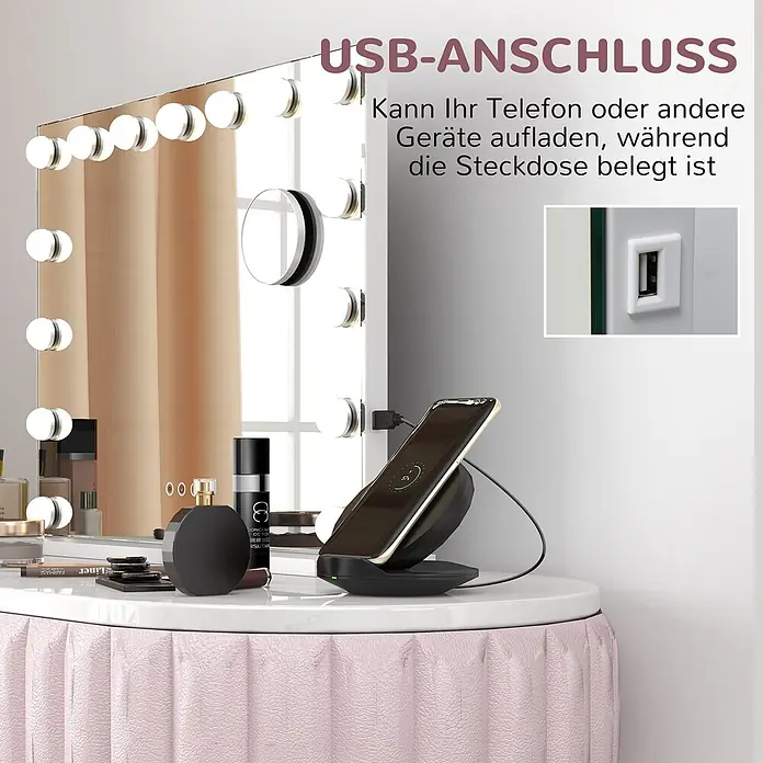 Homcom Kosmetikspiegel LED-Schminkspiegel -  - Schminkspiegel mit Beleuchtung, integriertem USB-Anschluss und drahtloser Ladestation. Ein Telefon wird geladen.