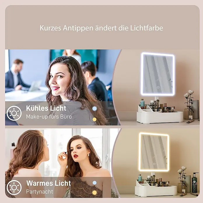 Homcom Kosmetikspiegel LED Schminkspiegel - Weiß - Beleuchteter Make-up-Spiegel mit Organizer, zeigt kühles und warmes Licht zum Schminken.