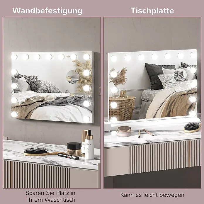 Homcom Kosmetikspiegel LED-Schminkspiegel -  - Weißer Schminkspiegel mit Leuchtmitteln, als Wand- und Tischgerät gezeigt.