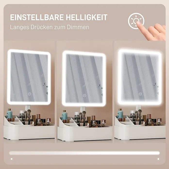 Homcom Kosmetikspiegel LED Schminkspiegel - Weiß - Weißer beleuchteter Schminkspiegel mit Kosmetik-Organizer, der die einstellbare Helligkeit demonstriert.