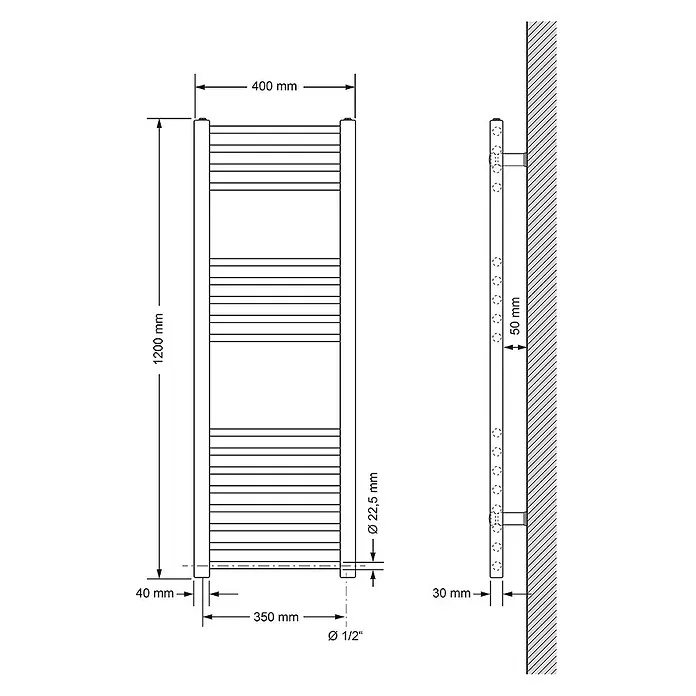 LuxeBath Elektro-Badheizkörper Handtuchwärmer mit Heizstab 400x1200 mm gerade Weiß 1200W -  - Technisches Diagramm eines Handtuchheizkörpers, Vorder- und Seitenansicht mit Hauptabmessungen 1200x400mm.