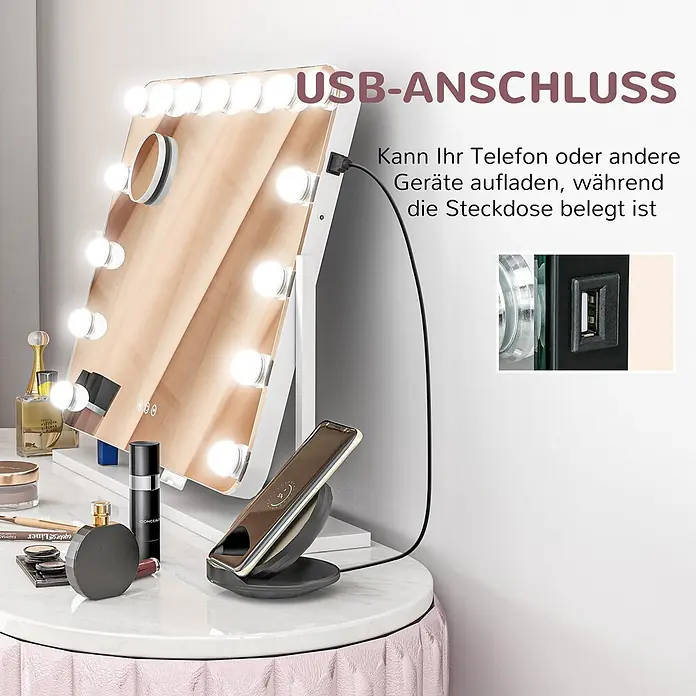 Homcom Kosmetikspiegel Hollywood Spiegel mit Beleuchtung -  - Beleuchteter Schminkspiegel mit integriertem USB-Anschluss, der ein Telefon auf einem Schminktisch auflädt.