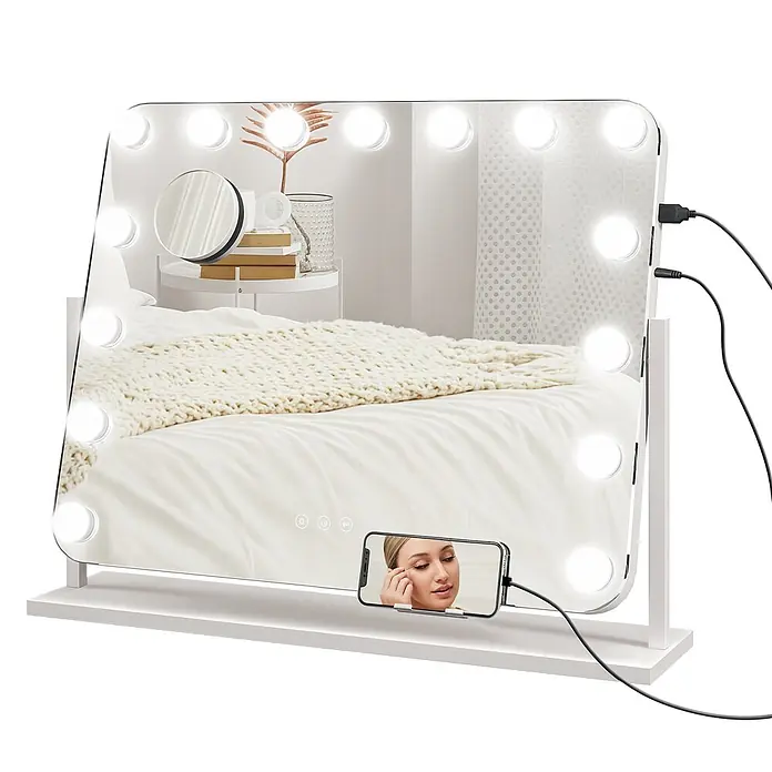 Homcom Kosmetikspiegel Hollywood Spiegel mit Beleuchtung -  - Weißer Schminkspiegel mit Lichtern, Vergrößerungsspiegel und Handyhalterung/Ladefunktion, der ein Schlafzimmer reflektiert.