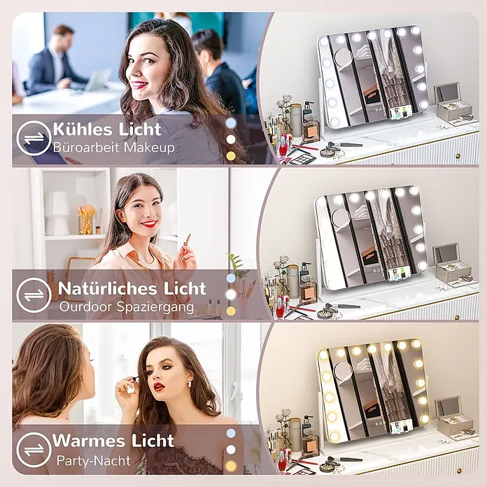Homcom Kosmetikspiegel Hollywood Spiegel mit Beleuchtung -  - Weißer LED-Schminkspiegel mit einstellbarem kaltem, natürlichem und warmem Licht, auf einem Schminktisch mit Kosmetik.