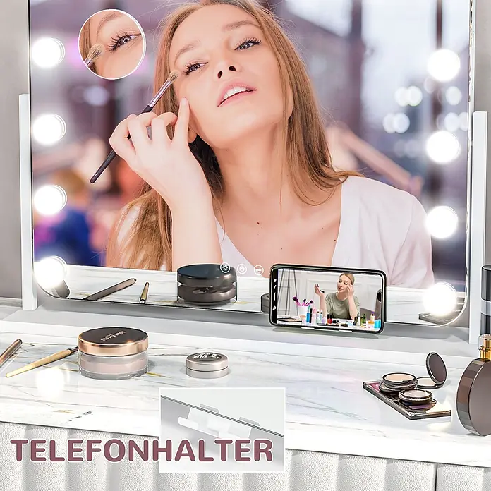 Homcom Kosmetikspiegel Hollywood Spiegel mit Beleuchtung -  - Weißen beleuchteten Kosmetikspiegel mit Handyhalterung, von einer Frau beim Schminken benutzt.