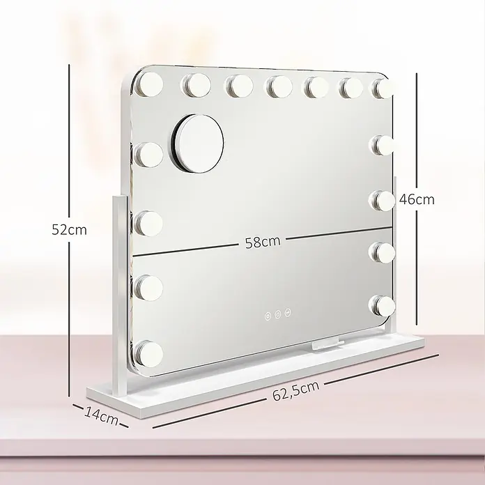 Homcom Kosmetikspiegel Hollywood Spiegel mit Beleuchtung -  - Weißer Kosmetikspiegel mit LED-Beleuchtung, Vergrößerungsspiegel und Touch-Bedienelementen auf einem Standfuß; Maße: H52cm, Spiegel H46xB58cm, Basis T14xL62.5cm.