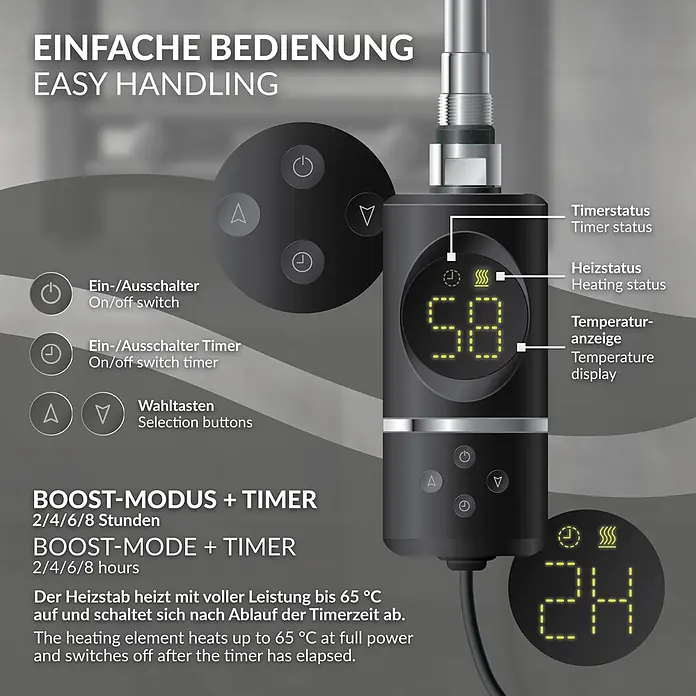 LuxeBath Badheizkörper Designheizkörper Sahara Handtuchwärmer Handtuchtrockner - Schwarz - Dunkelgrauer Heizstab mit Digitalanzeige für Temperatur und Timer, sowie bedienfreundlichen Kontrolltasten.
