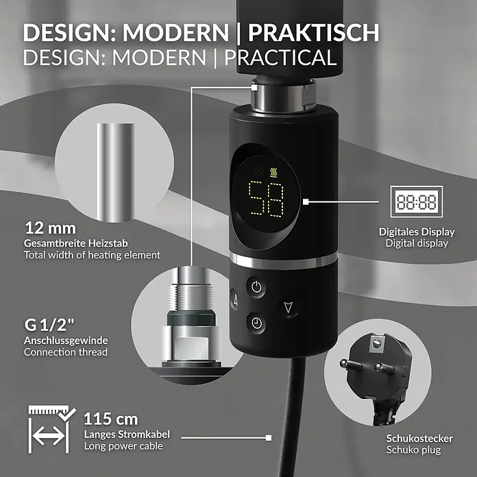 LuxeBath Badheizkörper Designheizkörper Sahara Handtuchwärmer Handtuchtrockner - Schwarz - Schwarzer digitaler Heizstabregler mit Display, Bedientasten und Netzkabel mit Schukostecker.