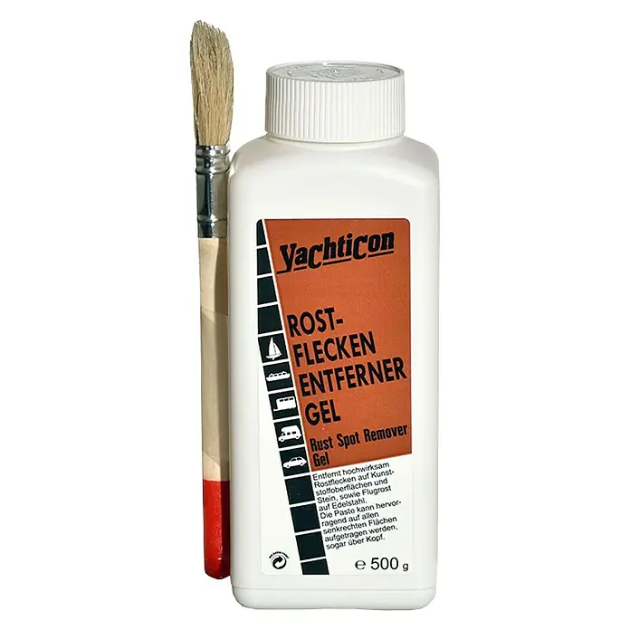 Yachticon Rostflecken-Entferner - 500 g - Yachticon Rostfleckenentferner Gel mit Pinsel. Entfernt Rostflecken hochwirksam von Kunststoff, Stein und Edelstahl, auch auf senkrechten Flächen.