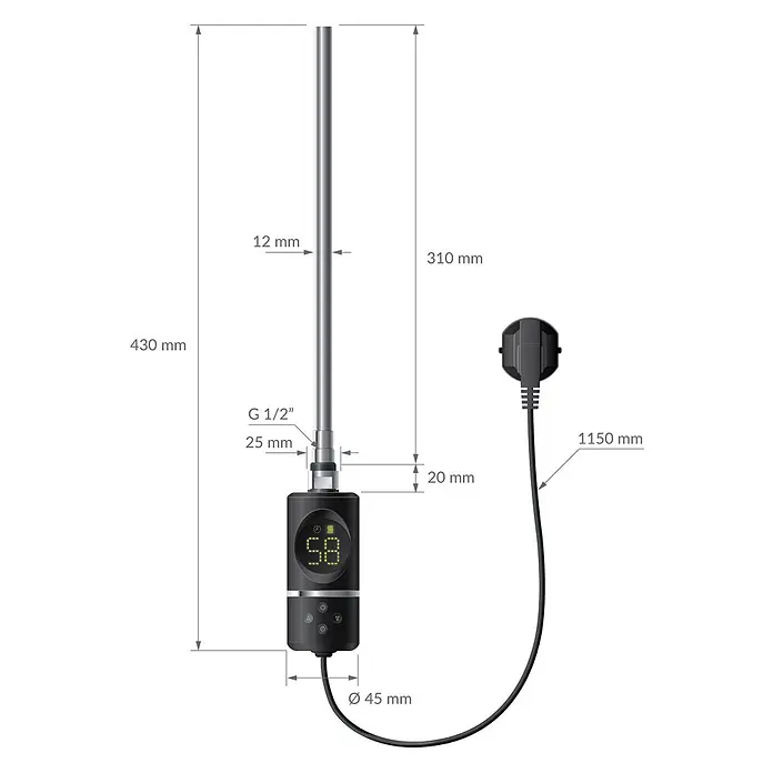 LuxeBath Elektro-Badheizkörper Handtuchwärmer Elektrisch Seitenanschluss mit Heizstab 300W gerade -  - Schwarzer digitaler Heizstab mit silbernem Rohr, G 1/2" Anschluss und Netzkabel. Produktmaße sind angegeben.