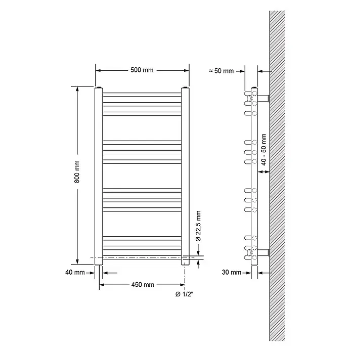 LuxeBath Elektro-Badheizkörper Handtuchheizkörper Schwarz, gebogen mit Thermostat Digitalanzeige - B x H: 4 x 80 cm - Technisches Datenblatt eines wandmontierten Handtuchwärmers mit horizontalen Stangen und allen relevanten Installationsmaßen.
