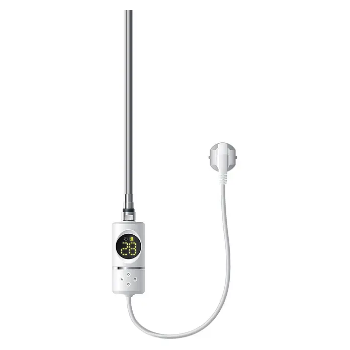 ECD Germany Elektro-Badheizkörper Weiß 600x1800mm gerade Seitenanschluss Heizstab 1200W Thermostat -  - Silbernes elektrisches Heizelement für Handtuchwärmer mit weißem Digital-Bedienteil, Anzeige '28' und Stecker.