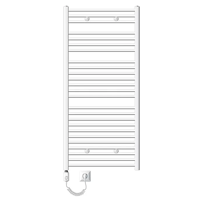 LuxeBath Elektro-Badheizkörper Handtuchwärmer Elektrisch Seitenanschluss mit Heizstab 900W gerade - B x H: 75 x 150 cm - Weißer elektrischer Handtuchwärmer mit mehreren horizontalen Stangen, einstellbarem Heizelement und Spiralkabel zur Steckdose.