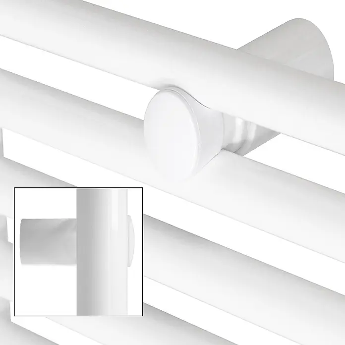 LuxeBath Badheizkörper Design Handtuchheizkörper Handtuchwärmer Mittelanschluss gerade 660 W - B x H: 60 x 150 cm, Weiß - Weißer Handtuchwärmer, Detailansicht mit horizontalen Stangen und einer runden Aufhängung.