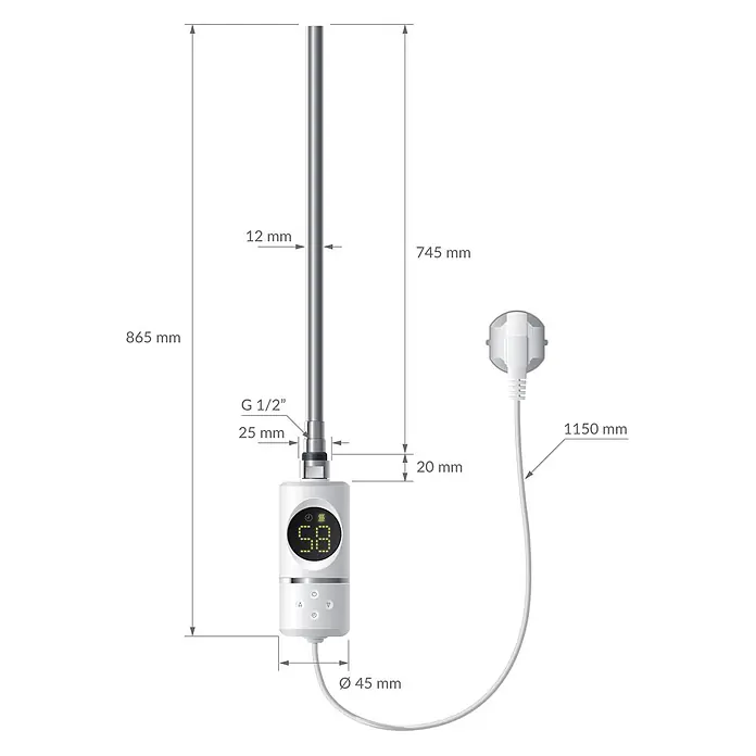LuxeBath Elektro-Badheizkörper Handtuchwärmer Elektrisch Seitenanschluss mit Heizstab 900W gebogen - B x H: 40 x 150 cm - Weiß-silberner Heizstab mit digitaler Steuerung für Heizkörper, inklusive Netzstecker.