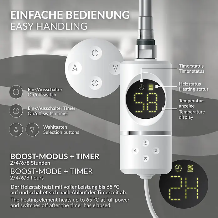 LuxeBath Elektro-Badheizkörper Handtuchwärmer Elektrisch Seitenanschluss mit Heizstab 900W gebogen - B x H: 40 x 150 cm - Weißer elektrischer Heizstab mit Digitalanzeige für Temperatur und Bedientasten, für einen Warmwasserbereiter.