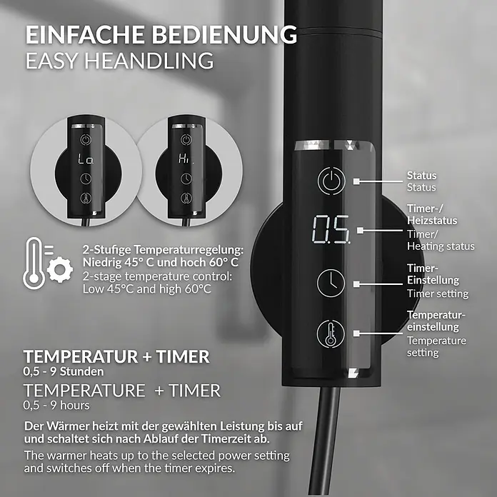 LuxeBath Elektro-Badheizkörper Handtuchwärmer Elektrisch mit 5 schwenkbaren Armen und Timerfunktion -  - Schlankes schwarzes Bedienfeld mit Digitalanzeige, Power-, Timer- und Temp-Symbolen. 2 Temp-Stufen (45°C/60°C) und 0,5-9h Timer.