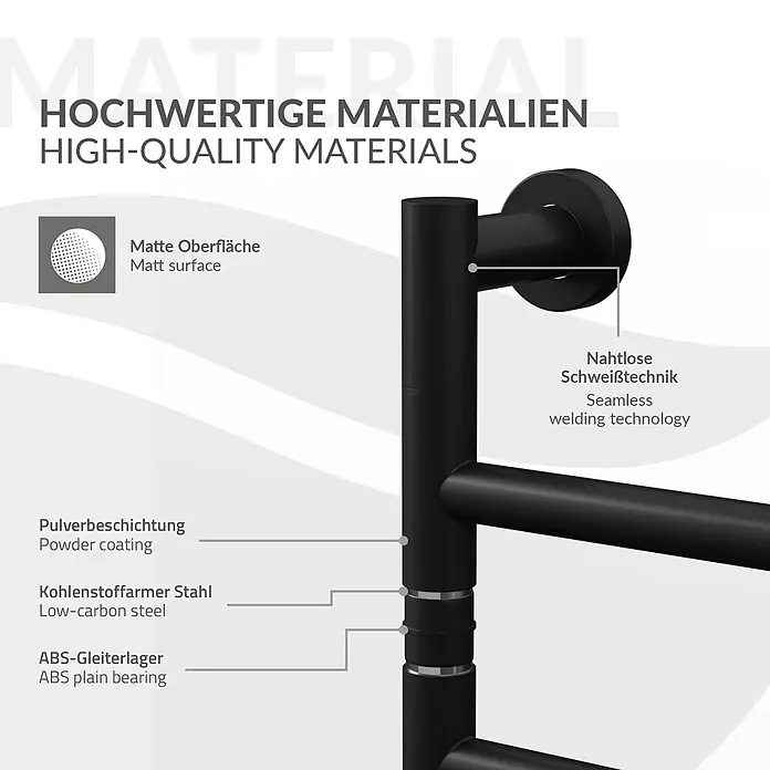 LuxeBath Elektro-Badheizkörper Handtuchwärmer Elektrisch mit 5 schwenkbaren Armen und Timerfunktion -  - Schwarzes mattes Metallbauteil aus kohlenstoffarmem Stahl, pulverbeschichtet, nahtlos geschweißt, mit ABS-Gleitlagern.