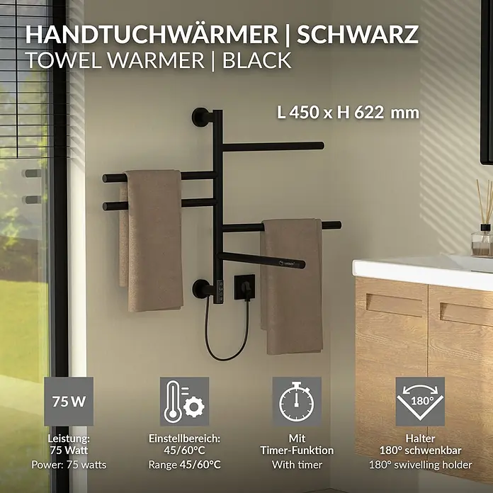 LuxeBath Elektro-Badheizkörper Handtuchwärmer Elektrisch mit 5 schwenkbaren Armen und Timerfunktion -  - Schwarzer Handtuchwärmer an einer Badezimmerwand, mit aufgehängten Handtüchern.