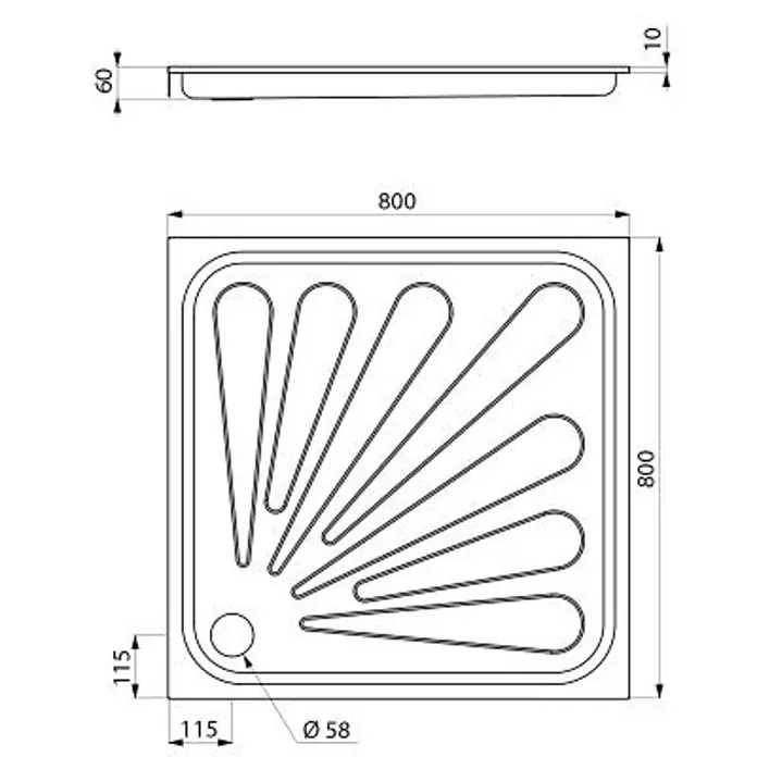 Delabie Duschwanne Delabie - Edelstahl - Quadratische Duschwanne, 800x800mm, 60mm hoch, mit 58mm Abfluss und integriertem Ablaufrillenmuster.