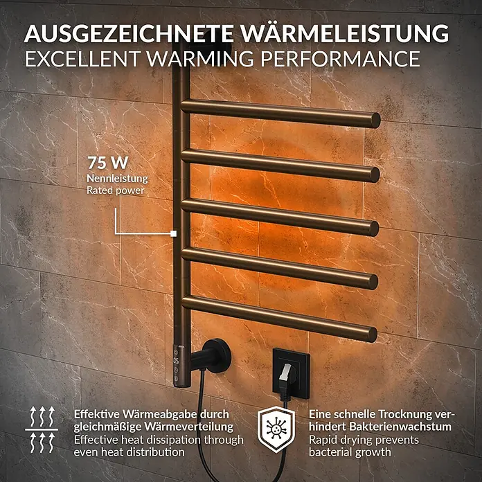 LuxeBath Elektro-Badheizkörper Handtuchwärmer Elektrisch mit 5 schwenkbaren Armen und Timerfunktion -  - Bronzefarbener elektrischer Handtuchwärmer (75W) an gefliester Wand, heizt mit orangefarbenem Leuchten für gleichmäßige Wärme und antibakterielle Trocknung.