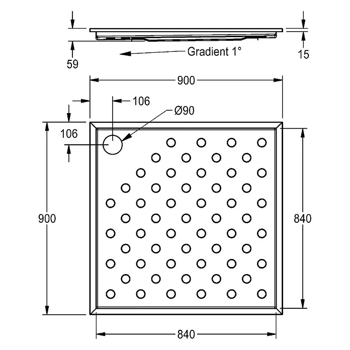 KWC Duschwanne KWC - L x B: 94 x 94 cm - Quadratische Duschwanne (900x900 mm) mit Abflusslöchern, 90mm Eckablauf und 1° Gefälle.