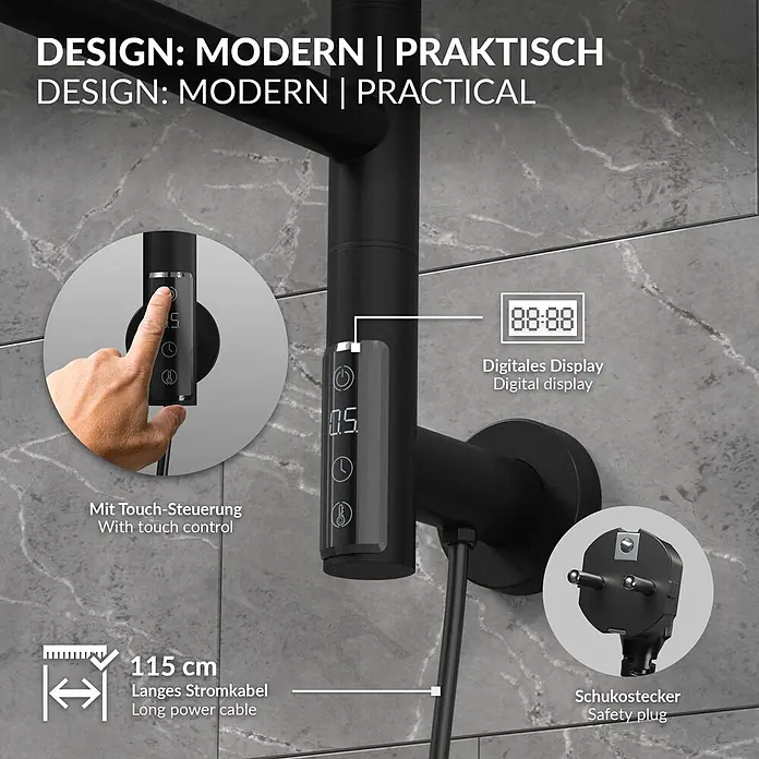 LuxeBath Elektro-Badheizkörper Handtuchwärmer Elektrisch mit 5 schwenkbaren Armen und Timerfunktion -  - Schwarzes modernes Elektrogerät mit digitalem Touch-Display, Schukostecker und langem Netzkabel an gefliester Wand.