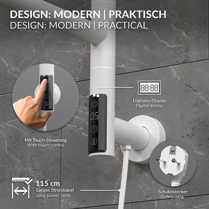 Handtuchwärmer Elektrisch Weiß 75W 450x622 mm 180° drehbar -  - Weißes Wandgerät mit digitalem Touch-Display, zeigt 115 cm Stromkabel und Schukostecker.