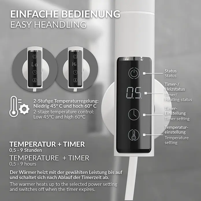 Handtuchwärmer Elektrisch Weiß 75W 450x622 mm 180° drehbar -  - Weißer zylindrischer Wärmer mit schwarzem Digitaldisplay, zeigt Leistungs-, Timer- und Temperatureinstellungen, bietet 2-stufige Heizung und 0,5-9 Stunden Timer.