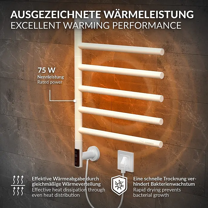 Handtuchwärmer Elektrisch Weiß 75W 450x622 mm 180° drehbar -  - Ein weißer elektrischer Handtuchwärmer an einer gefliesten Wand, der hervorragende Wärmeleistung und gleichmäßige Wärmeverteilung zeigt.