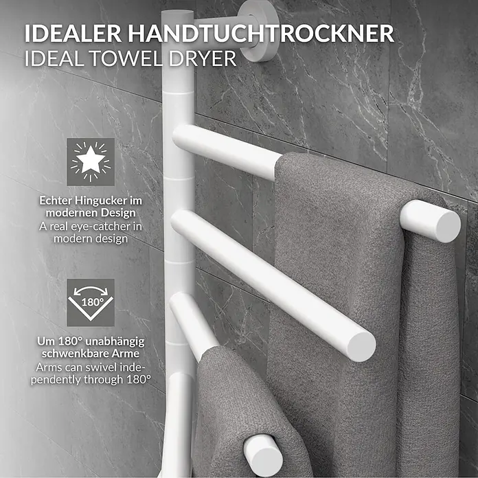 Handtuchwärmer Elektrisch Weiß 75W 450x622 mm 180° drehbar -  - Weißer Handtuchtrockner mit mehreren um 180° schwenkbaren Armen, an grauer Fliesenwand montiert, mit grauem Handtuch.